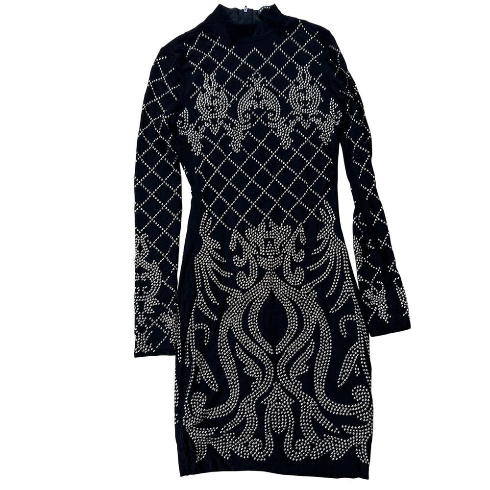 BANJUL Dress Womens S Black Bodycon Long Sleeve Mock Neck Studded Lined Zip Back